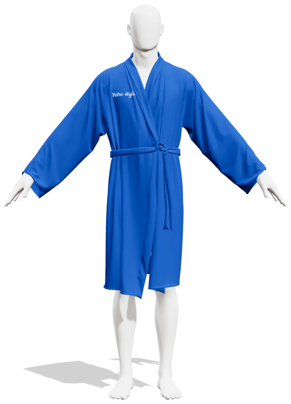 Le Kimono bleu dur vu de face, « Votre style » marqué en petit sur la poitrine